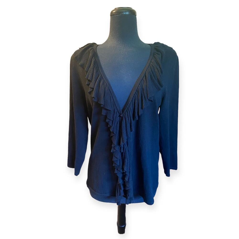 Alex Marie Black Knit Ruffle Collar 3/4 Sleeve Button Cardigan Size Large